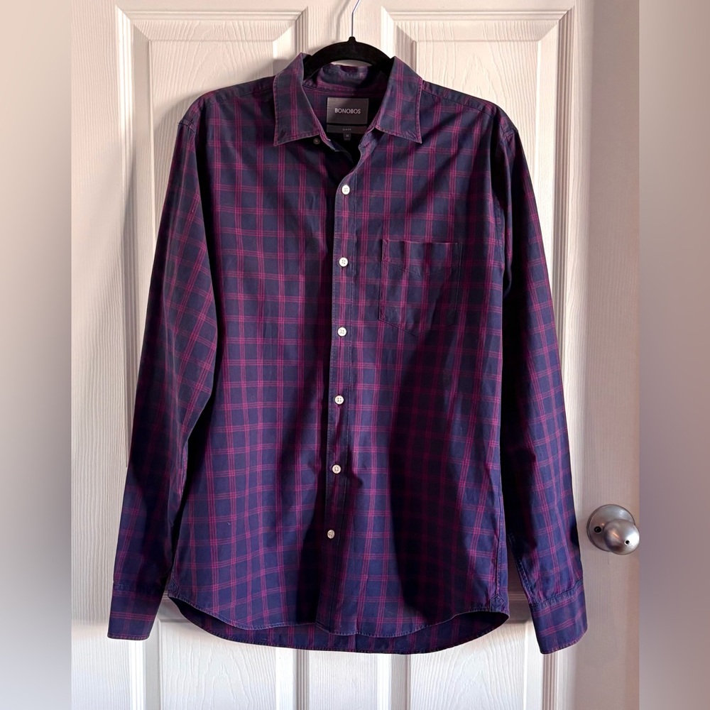 Bonobos 100% Cotton Long Sleeve Button Down Shirt Burgundy Navy Plaid Slim M